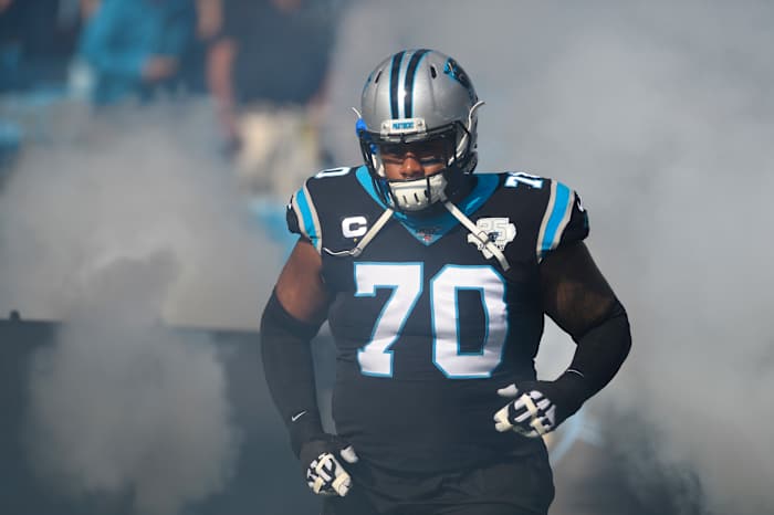 Carolina Panthers offensive guard Trai Turner (70) runs on to the field before the game